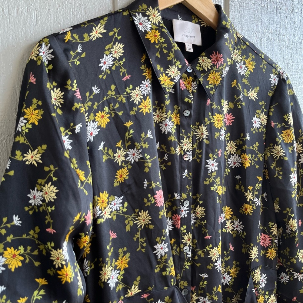 Cinq à Sept Jacey Floating Daisies Shirtdress High Low in Black Multi Size 8 - Picture 2 of 12